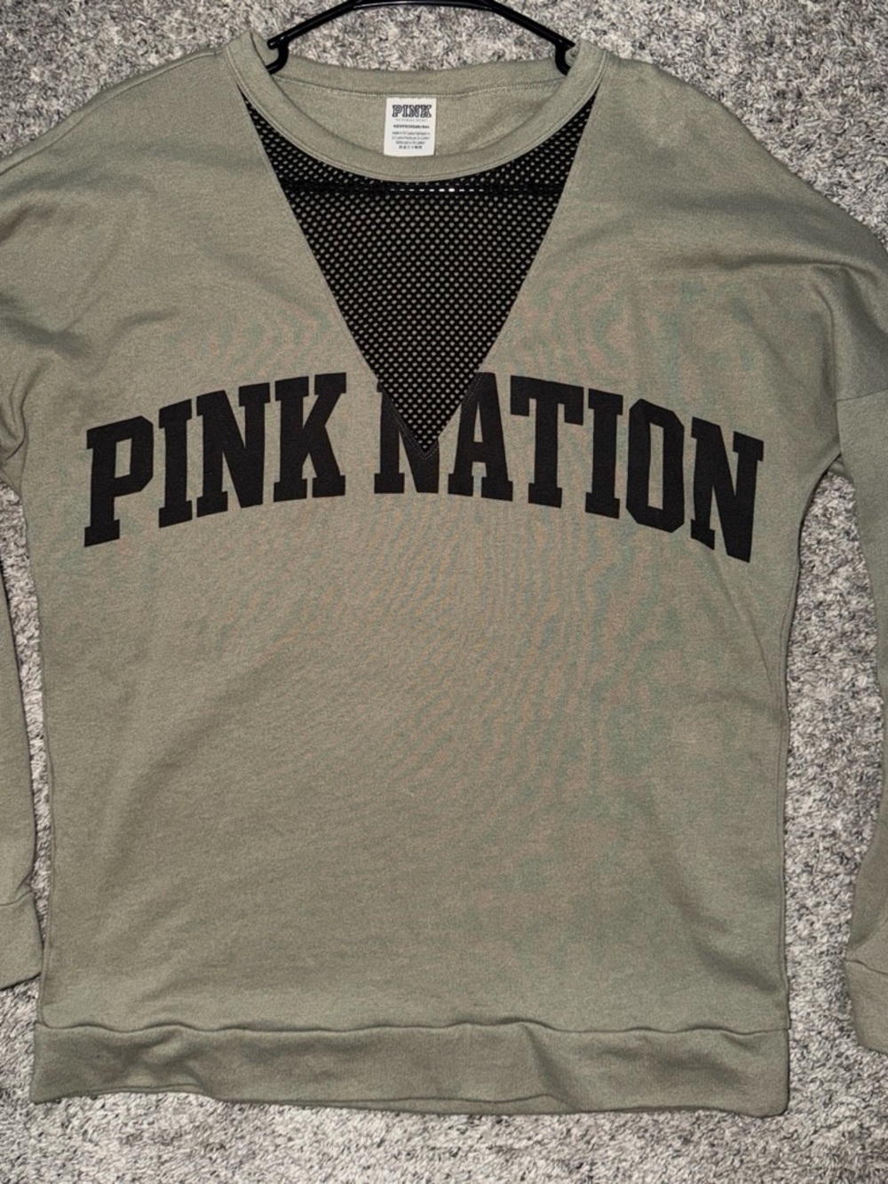 PINK Victoria's Secret Olive Green Pullover with Black 'PINK NATION'